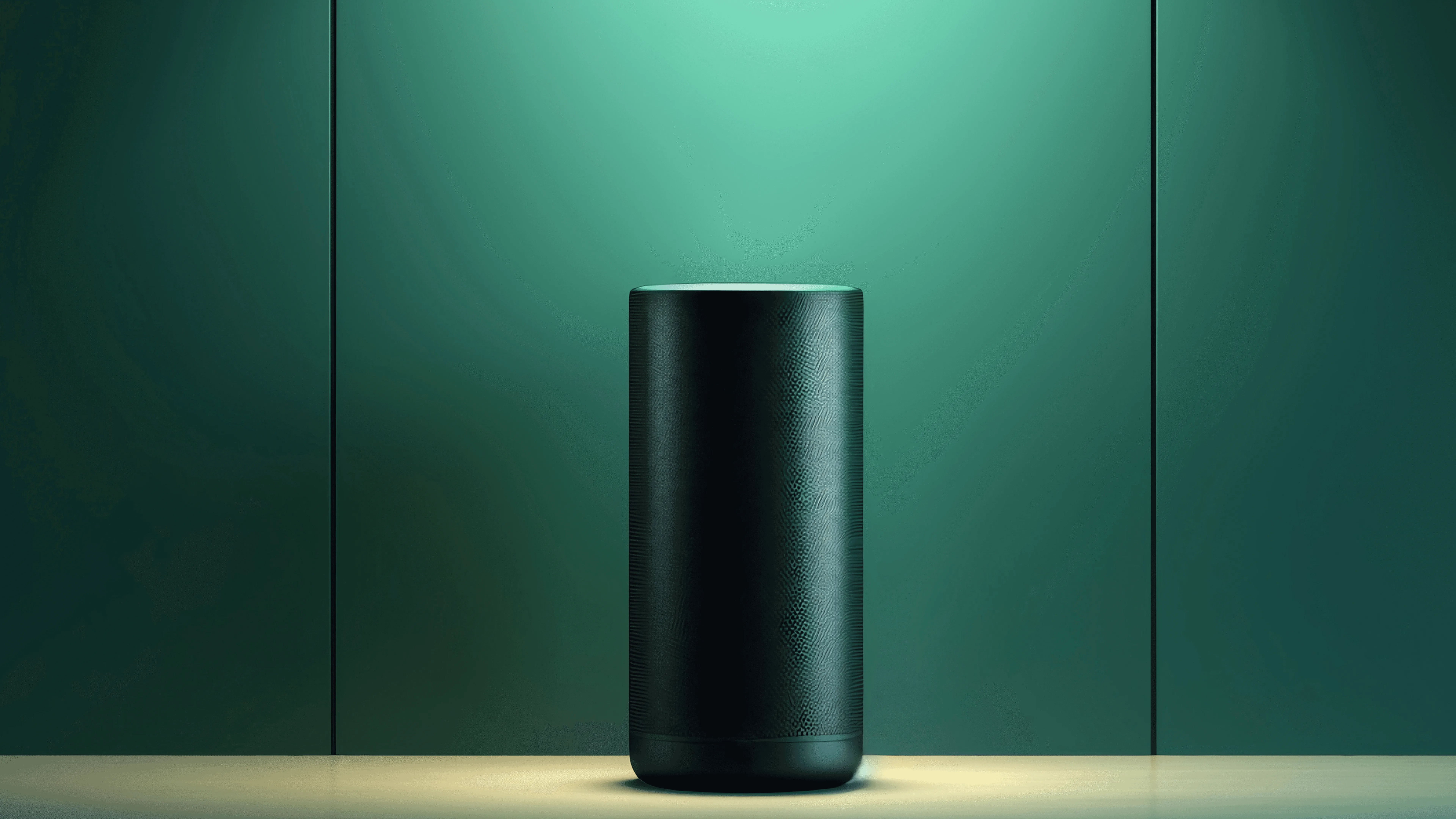A modern black speaker illuminated by soft light, set against a green background.