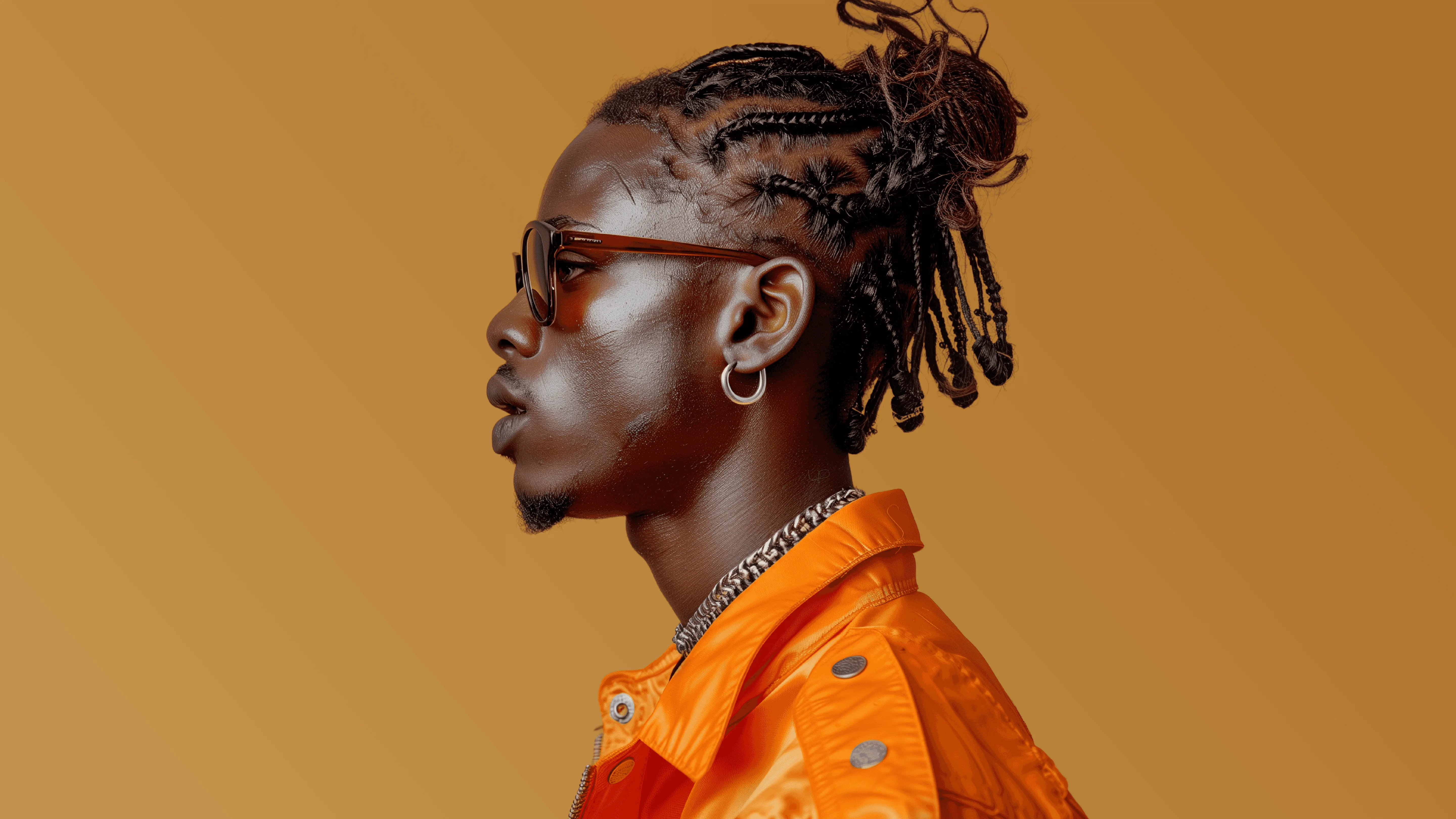 A person in an orange jacket and sunglasses, with braided hair, against orange.